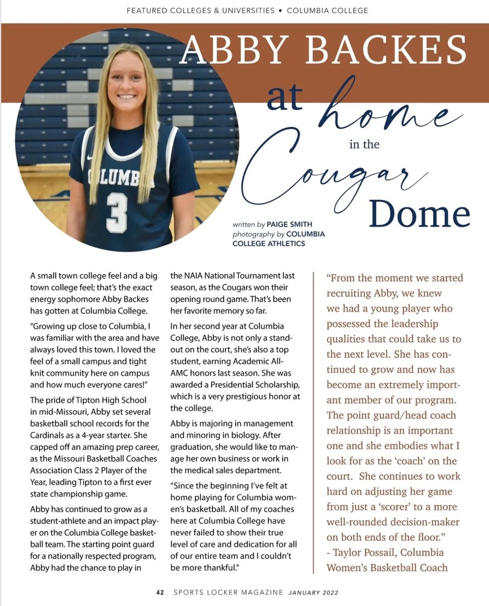 RodKRCG13's tweet photo. Great story on @TiptonLady grad Abby Backes in the latest issue of Sports Locker Magazine! One of the all-time greats to come out of Tipton HS! She’s continuing to shine at Columbia College! Fun player to watch @ColumbiaCougars! @abbybackes @SportsLockerMag https://t.co/hlJntQlmcq