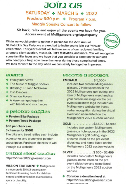 McNabola Law Group is proud to support the Mulliganeers 27th annual St. Patrick's day party.  The virtual event will take place on March 5th, we hope you are able to join &amp; support the children. MLG thanks you for all the encouragement and for caring about this community with us!