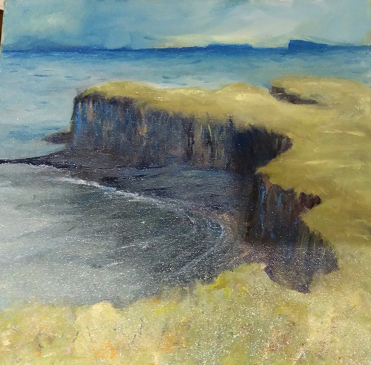 Today's effort for #LandFebruary oil painting of Staffa - view north from the high point. (Round the corner from the cave!) #oilpainting #scottishisland