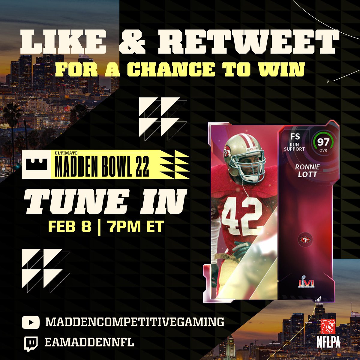 Giveaway Alert!!!🚨

Follow, Like, RT and comment #UltimateMaddenBowl for a chance to win this 97 OVR RONNIE LOTT 😤

Tune in TONIGHT for the finale of the #UltimateMaddenBowl #Madden22 tournament at 7:00p et!!

 