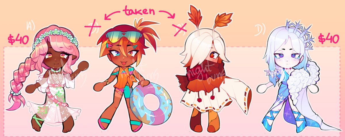 nightbuns's tweet photo. ✨ SEASON THEMED ADOPTABLES ! ✨
- A &amp; D are $40 each!
- B &amp; C are taken!
- paypal only
- reply or DM if interested!
- rts are appreciated of course :] https://t.co/3AkvxGSYR5