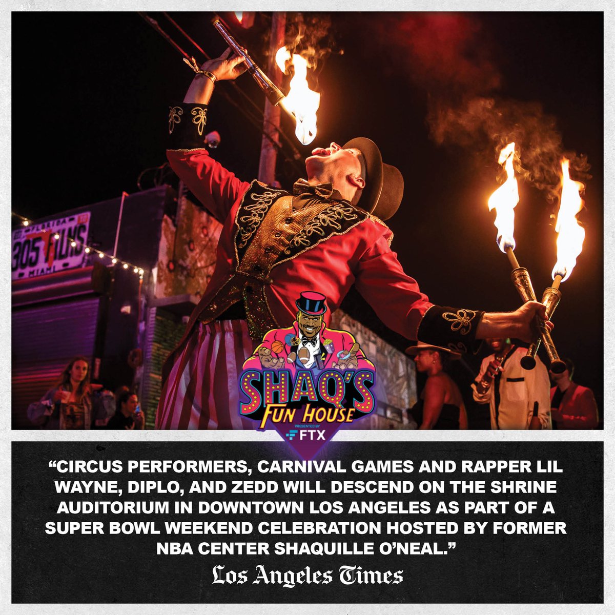 ShaqsFunHouse's tweet photo. "Circus Performers, Carnival Games, and Rapper Lil Wayne, Diplo, and Zedd will descend on The Shrine Auditorium in Downtown Los Angeles as part of a Super Bowl Weekend Celebration hosted by former NBA Center Shaquille O'Neal." - @latimes https://t.co/g99q4KDSnU