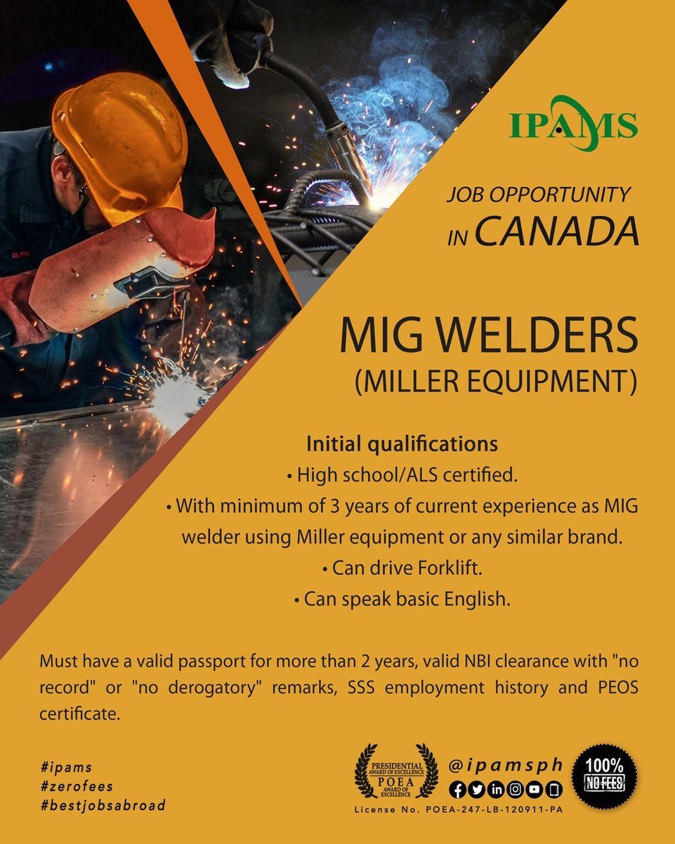ipamsph's tweet photo. Canada needs MIG Welders for Miller Equipment. Download the IPAMS mobile app or visit https://t.co/s18r9XYfoK to apply. #IPAMS #Canadajobs #absolutelynofees https://t.co/ymVhz3XE7v