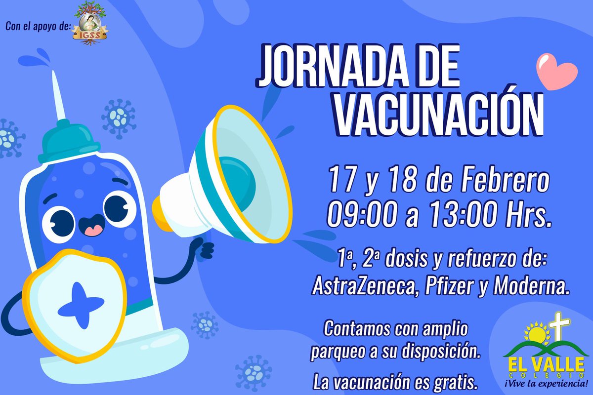 elvalle_colegio's tweet photo. 💉1a. 2a. dosis y refuerzo de AstraZeneca, Moderna y Pfizer.
💪Para refuerzos indispensable: 3 meses de haber recibido la 2a. dosis.
👉Menores de 12 a 17 años pueden recibir la 1a. o 2a. dosis.
#vacunacionanticovid19 #elvalle #Xela #Guatemala #cuidomisalud #YoSiMeVacuno #IGSS https://t.co/FcOQwUZ4FP