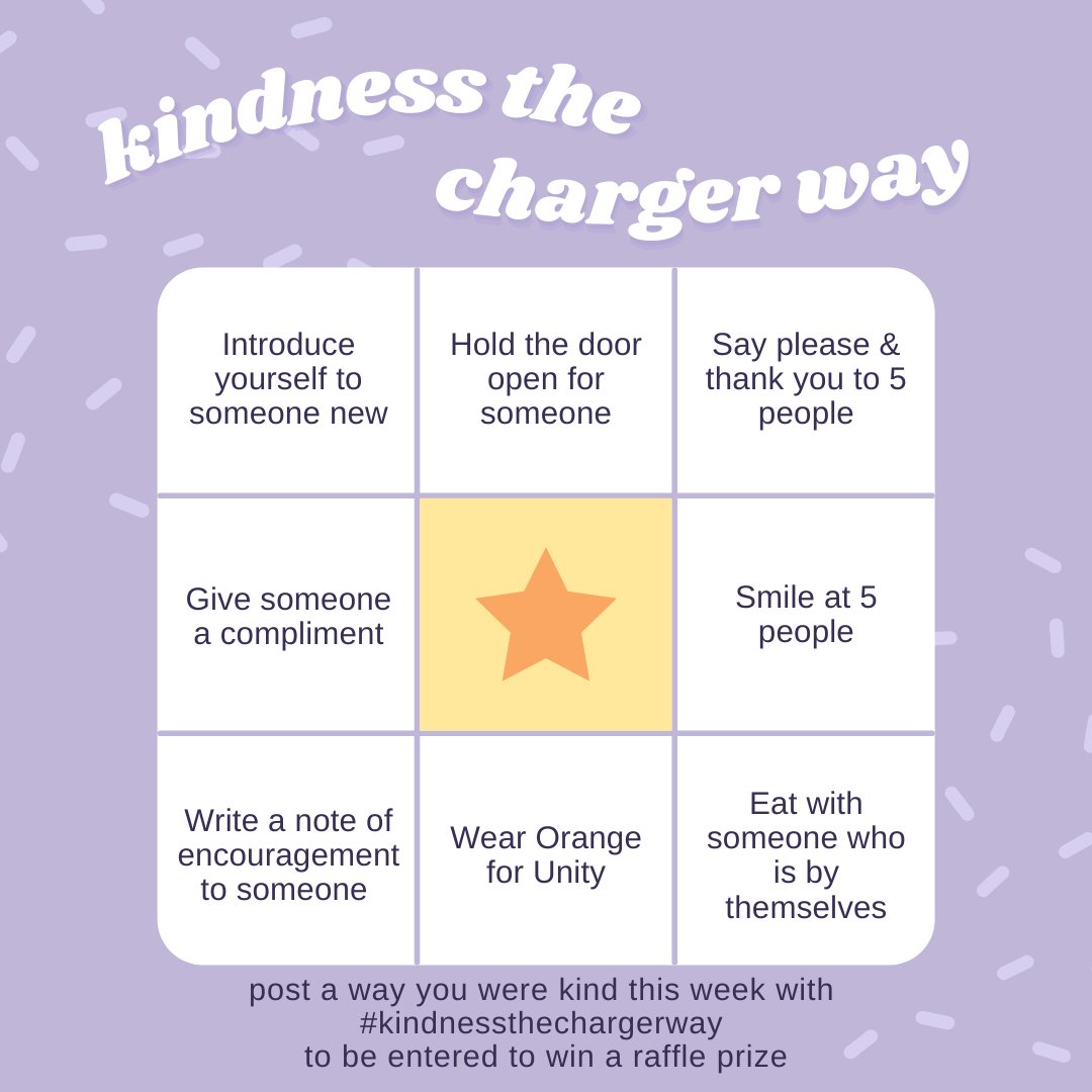 February is National Kindness Month, let's spread kindness both in person and on social media. Capture photos of you being kind to yourself and others.  Post pictures and use the hashtag #kindnessthechargerway.