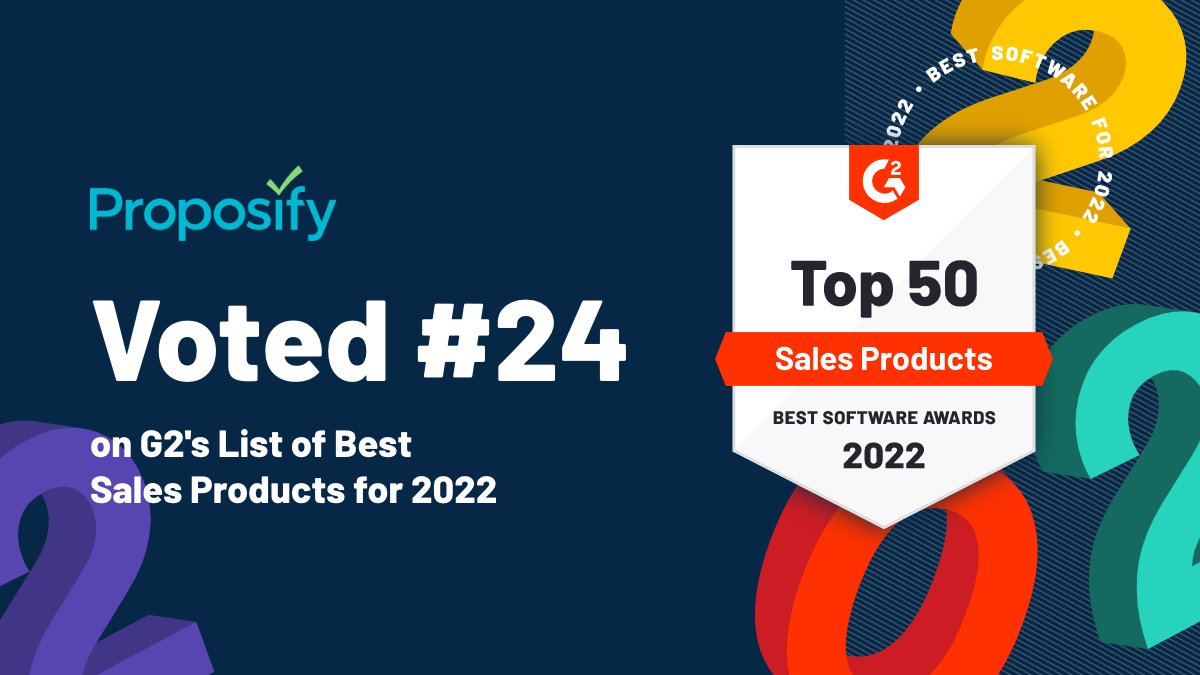 Proposify's tweet photo. Thanks @G2dotcom for our Top 50 Sales Product Award! And thanks to all our awesome users who score us high marks. 

#salesproducts #SoftwareAwards #Top50 https://t.co/UgONvPg417