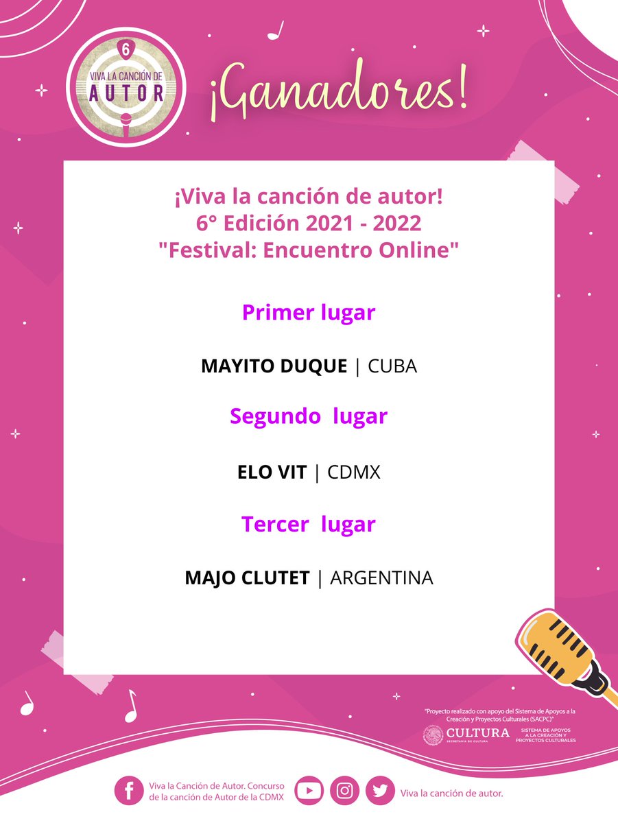 🎉FELICIDADES 6° GENERACIÓN de #cantautores de  VIVA LA CANCIÓN DE AUTOR 6° EDICIÓN 2021 - 2022 "FESTIVAL: ENCUENTRO ONLINE"

*Proyecto realizado con apoyo de 
<a href="/SistemaCreacion/">Sistema de Apoyos a la Creación</a> 

#musicos #cantautor #cantautora #cantar #musica #trovador #trovadora