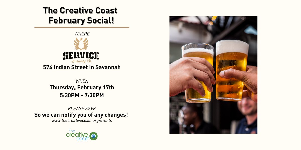 creativecoast's tweet image. Hope you can make it to this month's social on Feb 17th at @ServiceBrewing!
thecreativecoast.org/event/creative…