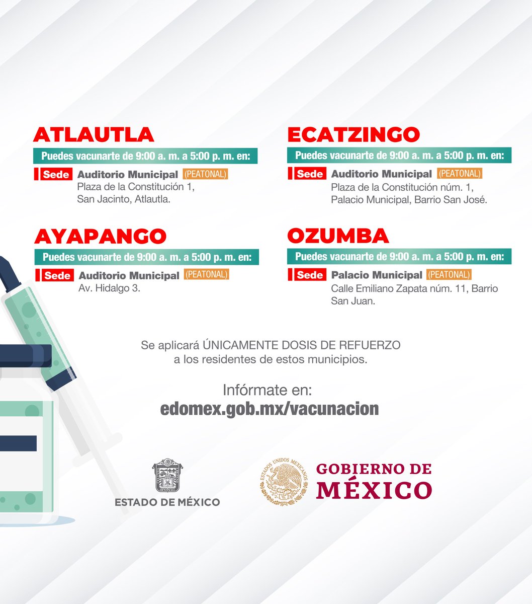 alfredodelmazo's tweet photo. Mañana 9 de febrero aplicaremos la dosis de refuerzo a los adultos de 40 a 49 años en #Atlautla, #Ayapango, #Ecatzingo y #Ozumba. #EstrategiaDeVacunación https://t.co/uOn0GpbjWm