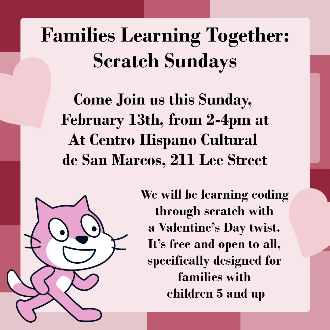 flt_smtx's tweet photo. Scratch Maker Sundays at Centro starts this Sunday on February 13th, from 2:00-4:00pm, and we are celebrating Valentine's Day! Everyone is welcome to join us as we create interactive Valentine's Day cards using scratch and circuits. #FLT_SMTX https://t.co/m9iRGOkovV