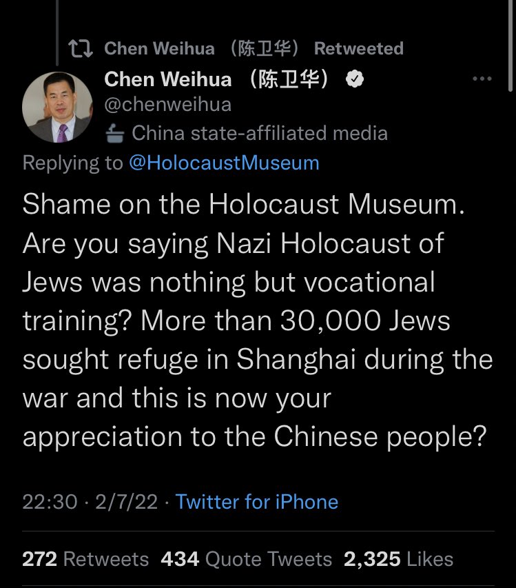 Wow. Chinese mouthpiece China Daily criticizes <a href="/HolocaustMuseum/">US Holocaust Museum</a> for bringing attention to #UyghurGenocide and China propaganda, says "shame on the Holocaust museum," Jews should show "appreciation" to "Chinese people. "