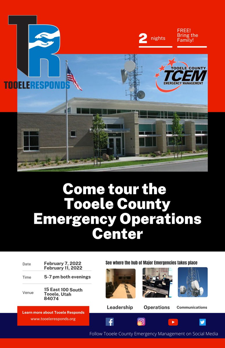 Come tour the EOC with your family this Friday night. Come see what happens at an Emergency Operations Center and learn about Tooele Responds and how you can become involved in helping during disasters. Learn more at tooeleresponds.org