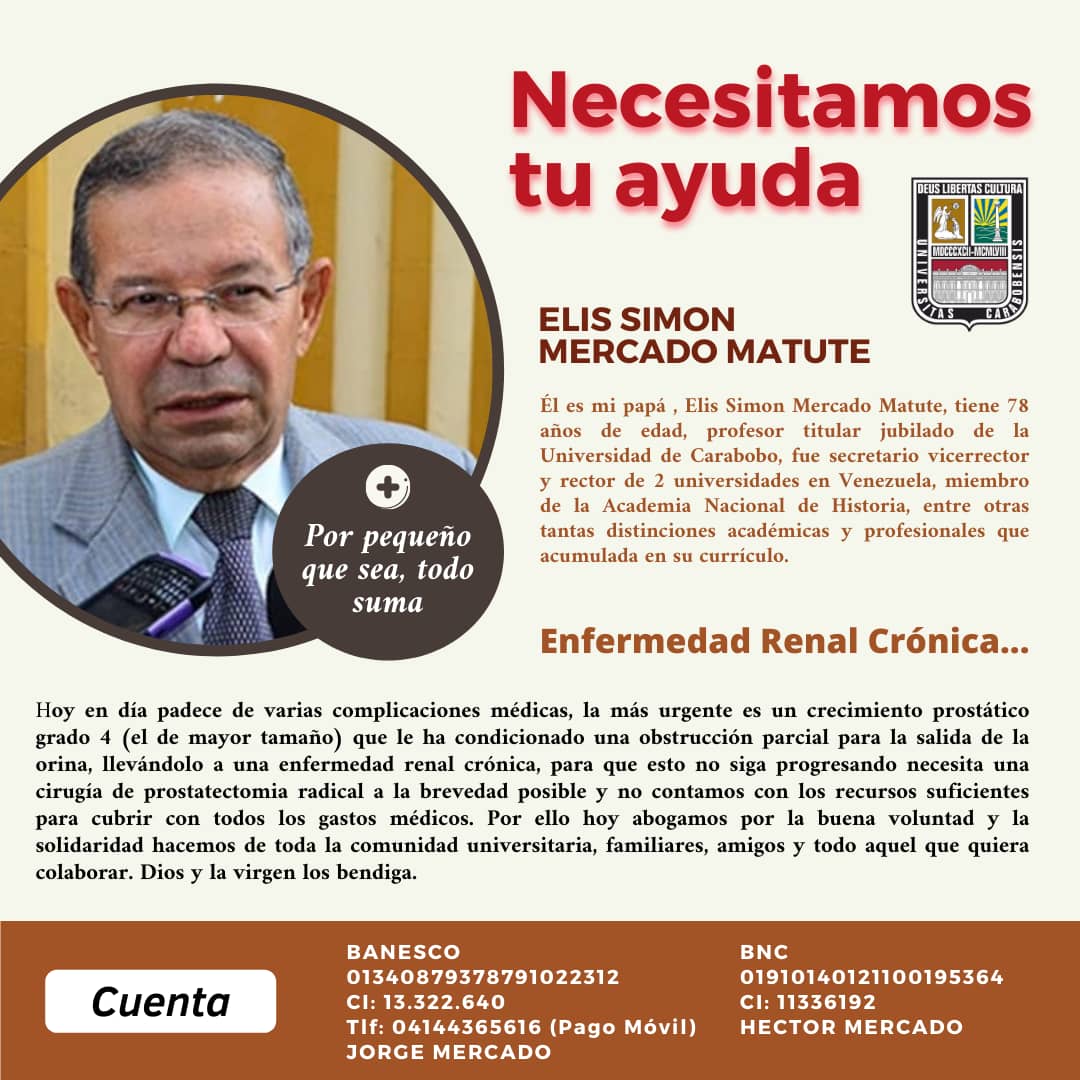 EDGAR_PENAE's tweet photo. Rector Elis Mercado, amigo de todos, requiere de nuestra ayuda. Bien sea en metálico o con oraciones. https://t.co/yameAUZJDd