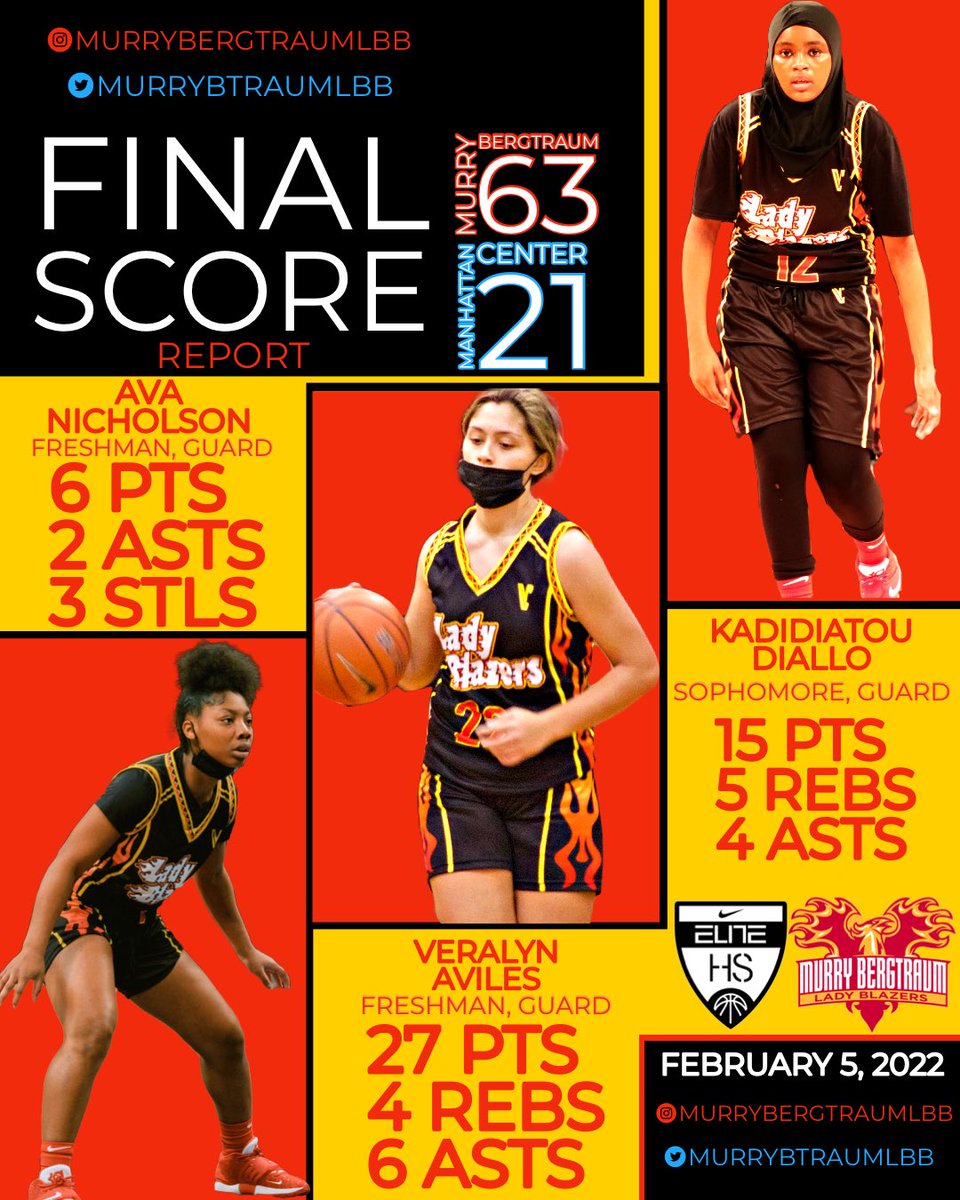 Two straight recent wins for our Lady Blazers. Ava Nicholson ‘25, Veralyn Aviles ‘25, and Kadidiatou Diallo ‘24 led the charge. 🔴❤️‍🔥🟡

<a href="/CoachJNoel/">J. Noel</a> <a href="/NYGHoops/">NYGHoops</a> 

#nike #nikeelitehs #murrybergtraum #psal #nyc #family