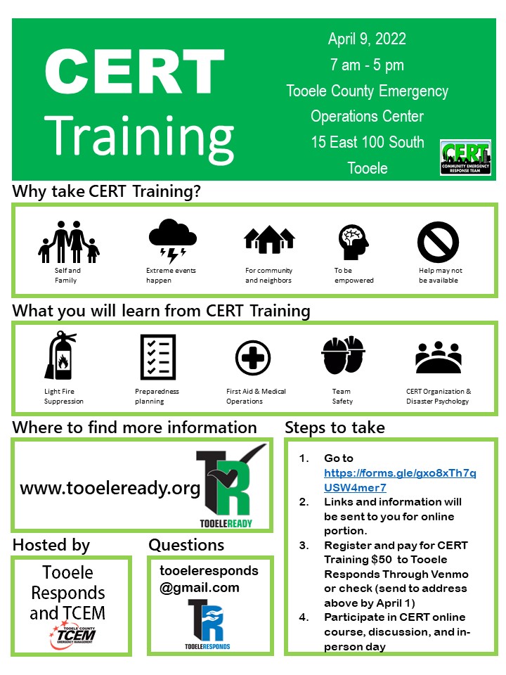 CERT training is coming! If you or someone you know is interested in becoming CERT trained see the grapic for details. This training is empowering and will also help your neighborhood.