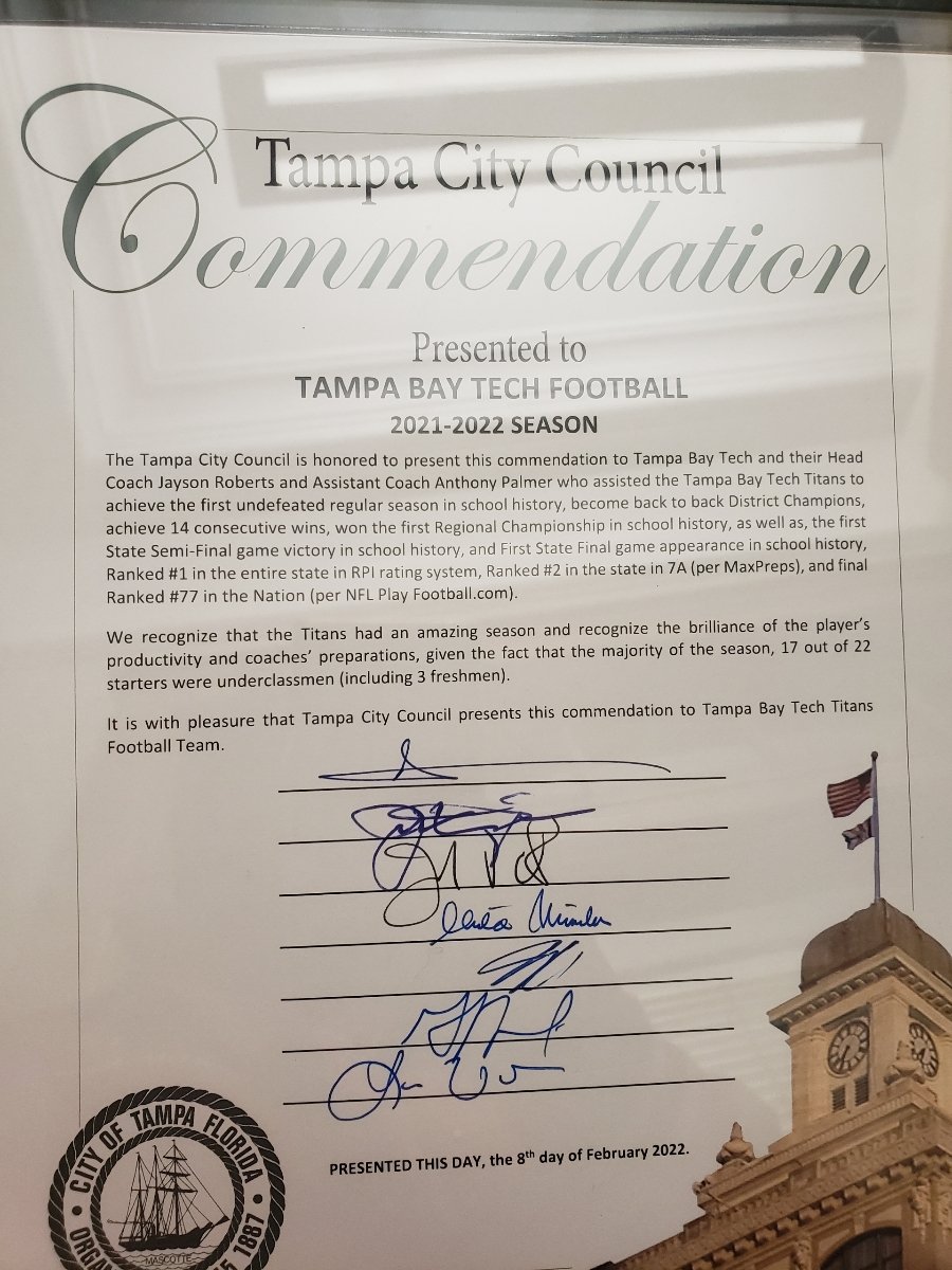 tech813coach's tweet photo. TBT Football was honored today by The City of Tampa. Proud moment for the Titan family, players, coaches, administration, staff, and alumni https://t.co/zvL9vNd8dY