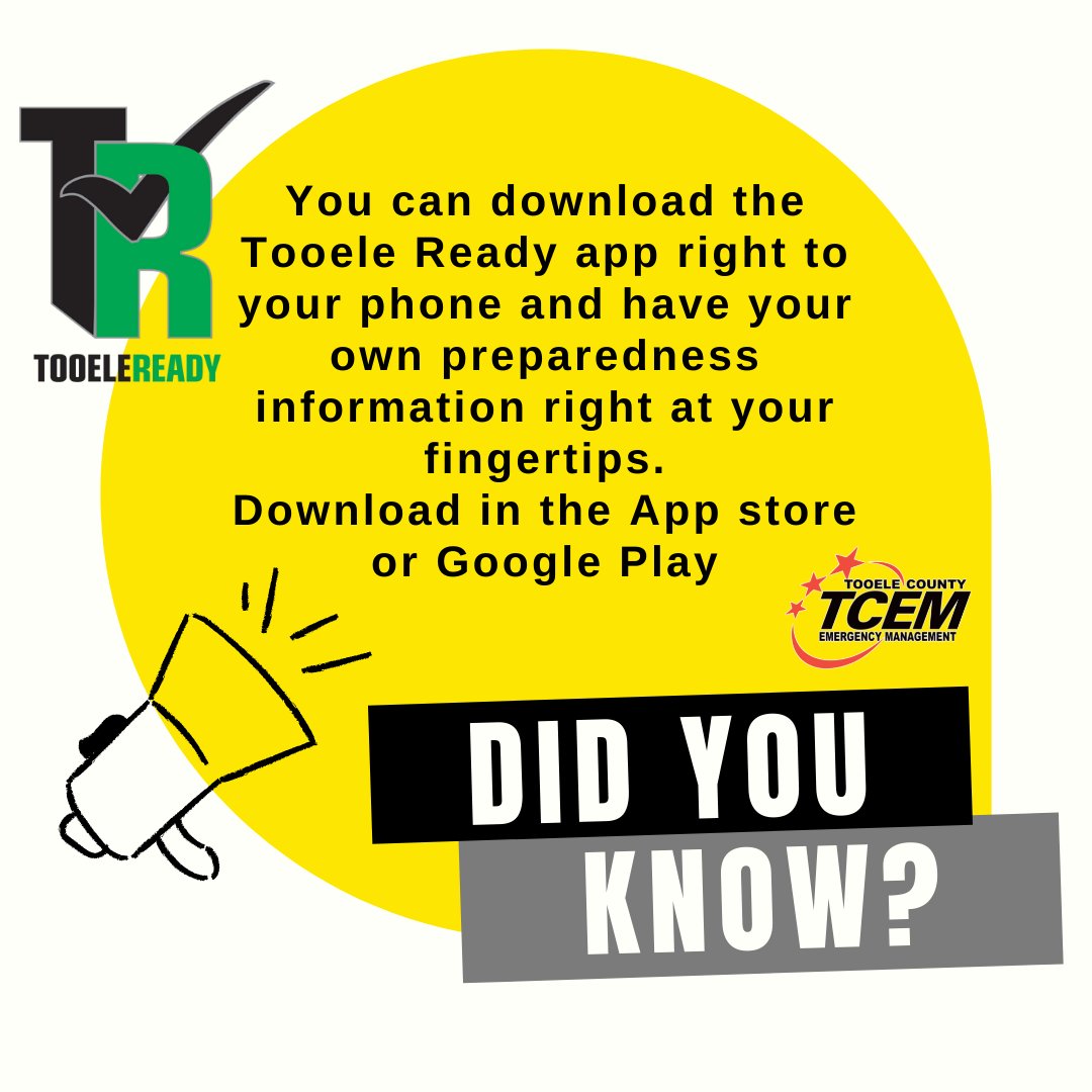 Did you know that Tooele County has it's own preparedness app? Download Tooele Ready Today on the App store or in Google play for great information on how to prepare, respond, and recover from emergencies and disaster events.