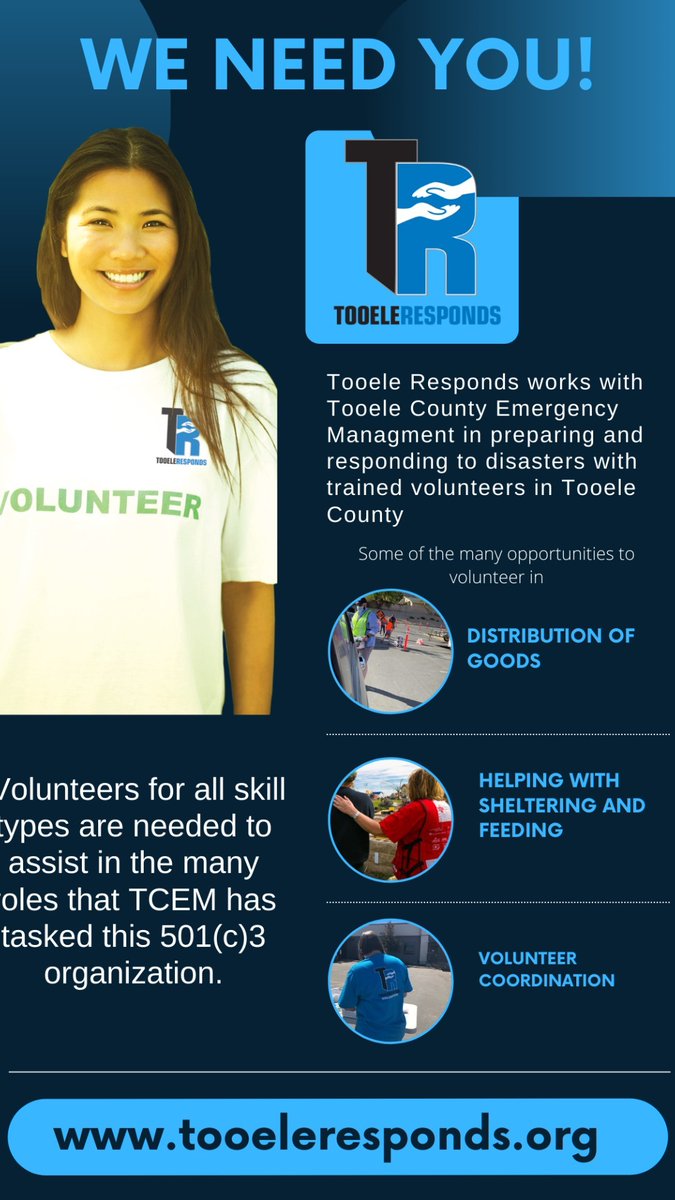 Ever thought to yourself that you would like to help in a disaster or major emergency but you just don't know how? Well Tooele Responds is the place to volunteer to help our community recover. Visit tooelerecovers.org for ways you can help. We need you!!!