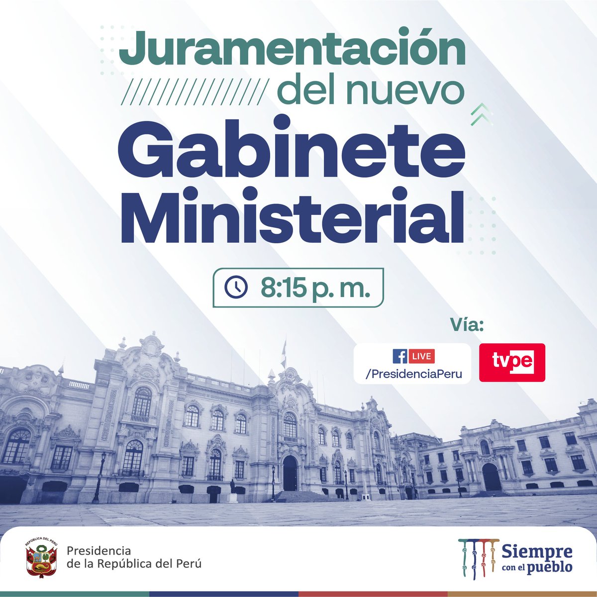 #PresidenciaInforma | El presidente <a href="/PedroCastilloTe/">Pedro Castillo Terrones</a> tomará juramento a los integrantes del nuevo Gabinete Ministerial a las 8:15 p. m., en Palacio de Gobierno.