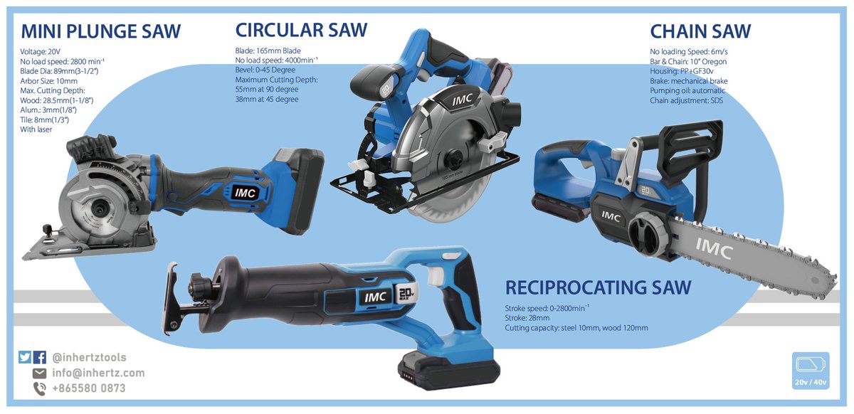 InhertzTools's tweet image. We are ready for all kinds of saws – RECIPROCATING SAW, CIRCULAR SAW, MINI PLUNGE SAW and CHAIN SAW. All are compatiable with our DuoVolt battery pack platform system or can be adapted into your own battery pack platform.
Find out more: inhertz.com / info@inhertz.com
