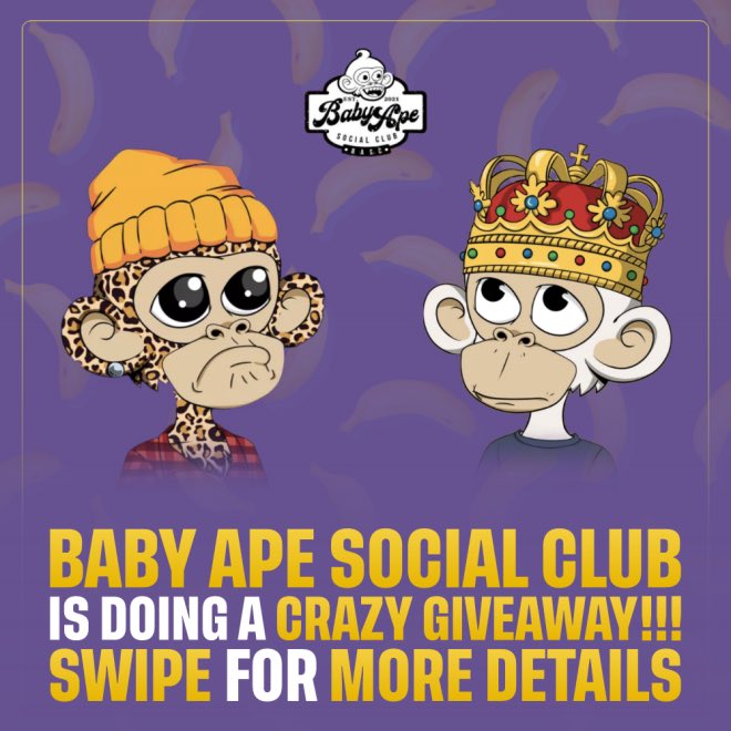 wo_data's tweet photo. 🙈@BabyApe_SC is doing an insane giveaway! If you buy a Baby Ape under 10 SOL during the giveaway period, you are automatically submitted and have the chance of winning one of the amazing prizes!🏝🙊

If you want to be apart of it 👇
Magic Eden: https://t.co/zN562CYWJb https://t.co/PrOtFy5nrf