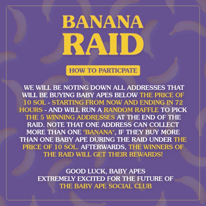 wo_data's tweet photo. 🙈@BabyApe_SC is doing an insane giveaway! If you buy a Baby Ape under 10 SOL during the giveaway period, you are automatically submitted and have the chance of winning one of the amazing prizes!🏝🙊

If you want to be apart of it 👇
Magic Eden: https://t.co/zN562CYWJb https://t.co/PrOtFy5nrf