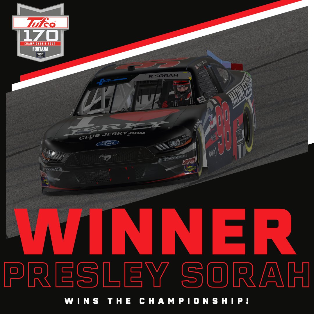 PodiumeSports's tweet photo. PRESLEY SORAH IS YOUR CHAMPION! 

@MNR_RTG
@tufcoflooring
@AutoClubSpdwy 
@SimSeats
#SimSeatsChallenge
https://t.co/eKm3IRdBfz https://t.co/Zp3sxOfJGD