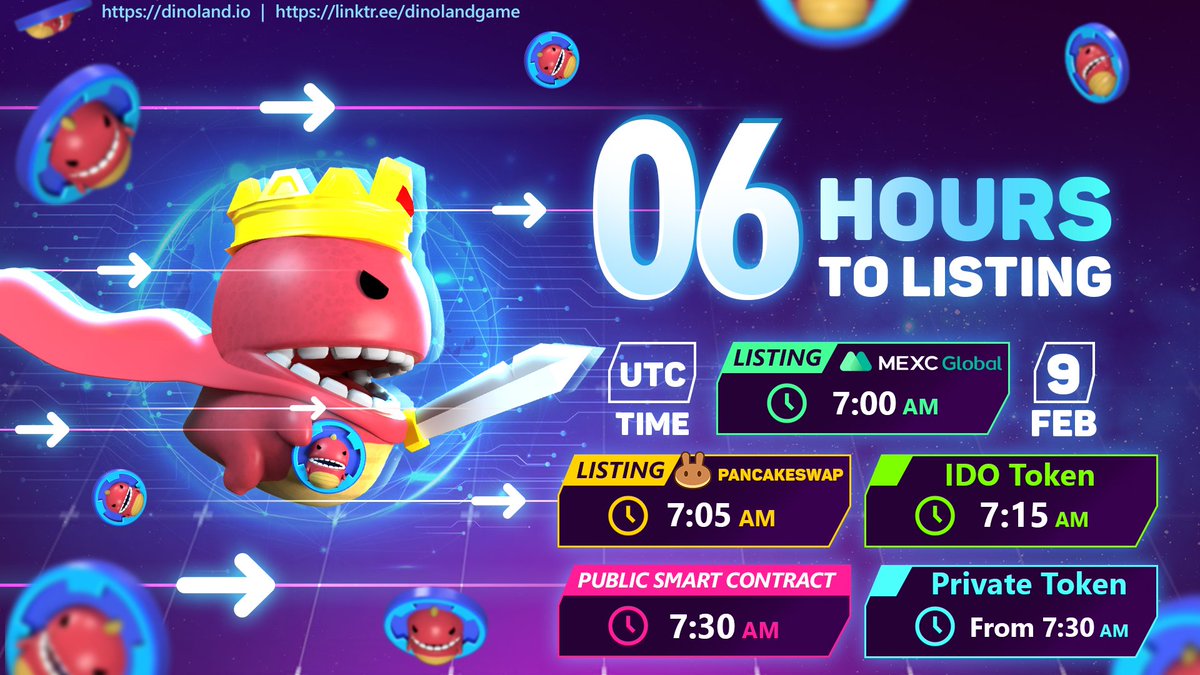 BluewheelC's tweet photo. 6 HOURS BEFORE DINOLAND LISTING🤩 
 
🐥On MEXC Global at 7:00 AM
🐥On Pancakeswap at 7:05 AM
🐥Smart Contract at 7:30 AM 
🐥IDO token from 7:15 AM
🐥Private token from 7:30 AM
 
✔️Listing price: 0.017$
✔️Add $DNL to watchlist on CMC https://t.co/cG5YX2wZjT

#Dinoland #listingday https://t.co/UmYrRXTWAN