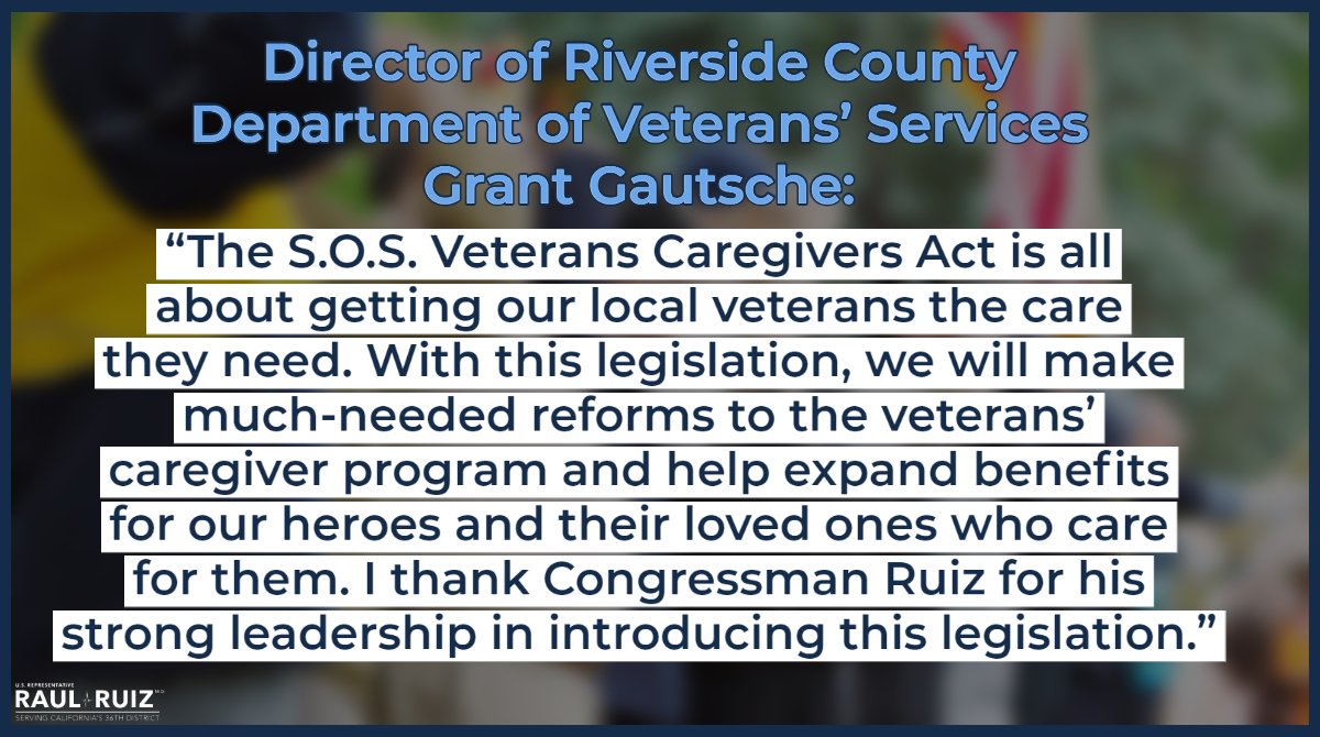 RepRaulRuizMD's tweet photo. My bill, the SOS Veterans Caregivers Act, will make a real difference in the lives of our local veterans and their loved ones who care for them. 

Here's what Riverside County Veterans' Services had to say about how my legislation delivers. ⬇️ https://t.co/5w4Lsn30OR