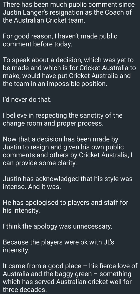 danbrettig's tweet photo. Pat Cummins statement on Justin Langer ahead of his press conference in an hour from now https://t.co/BBSFYiKRAA