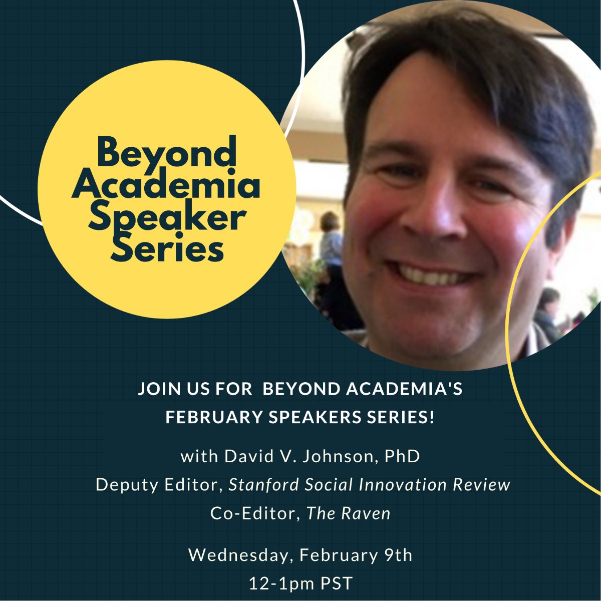 Join us tomorrow, February 9th (12pm PST) to hear David V. Johnson, Deputy Editor of Stanford Social Innovation Review and Co-Editor of The Raven share his career trajectory from philosophy professor to journalist! <a href="/contrarianp/">David J.</a> More info here beyondacademia.berkeley.edu/speaker-series… #PhDChat #PhD