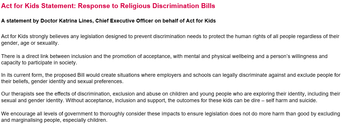 Our statement on the Religious Discrimmination Bills being debated in Federal Parliament.