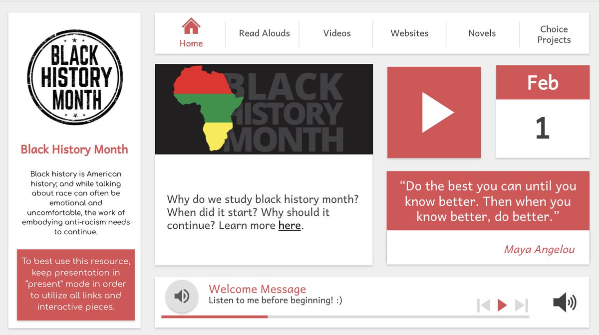 A2: Here is a #BlackHistoryMonth learning gallery for students to explore. It includes 9 choice projects that students can work through! #AppleEDUchat 

Make a copy, here: docs.google.com/presentation/d…