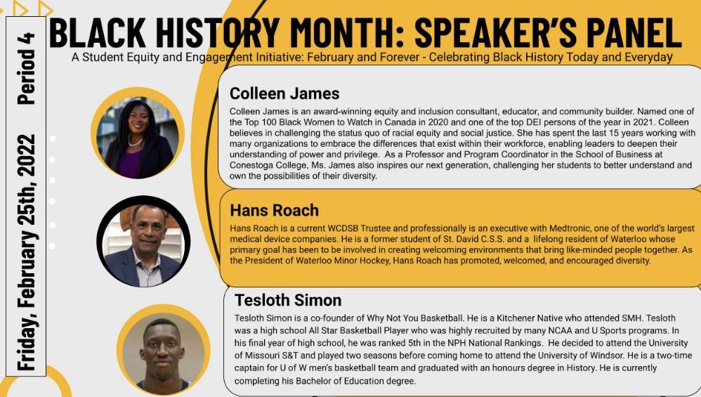 Celebrating #BHM2022 with several activities including; #myplaceinthisworld curriculum, storytelling on the morning announcements, the launch of our Student Equity Engagement Council, and a student moderated #BHM panel discussion on Feb 25th! 🙏 ❤️