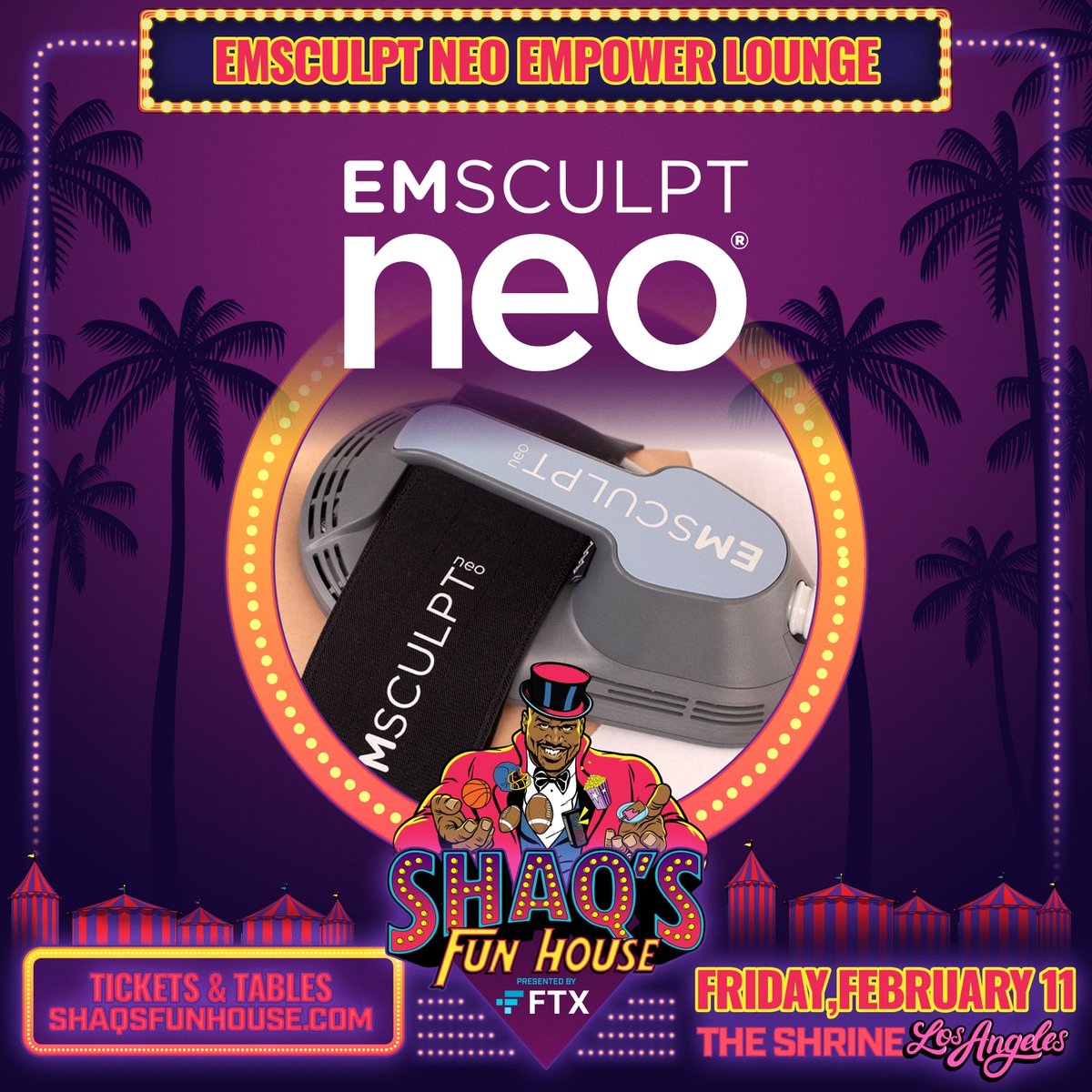 ShaqsFunHouse's tweet photo. Check out the #EmsculptNeo Empower Lounge located on the Carnival Midway at Shaq's Fun House! Test out the Emsculpt Neo Machine to burn fat and build muscle all while having a healthy and tasty 😋 Sculpting Smoothie! 🥤 https://t.co/X98brTsQdH