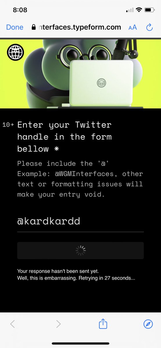 kardkardd's tweet photo. @WGMInterfaces I think there was some thing wrong. I couldn’t submit it. I think this is so unfair. Stayed up all night and finished in 20 seconds. https://t.co/Hb7rjXSCJ7