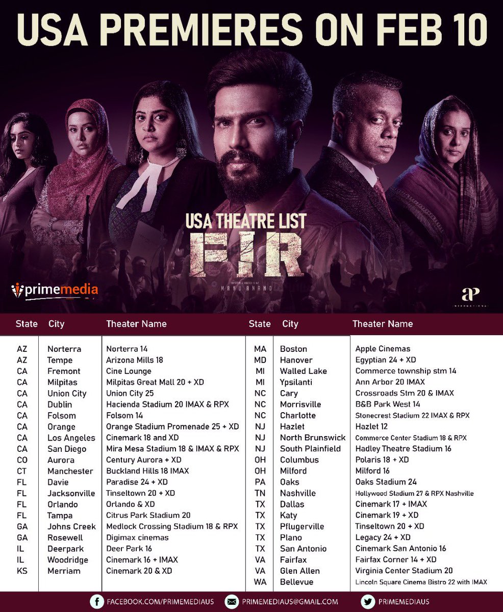 southfdfs's tweet photo. #FIR #FIRMovie USA 🇺🇸 theater list
@TheVishnuVishal action thriller, directed by @itsmanuanand , supported by @menongautham @raizawilson @mohan_manjima @Reba_Monica @VVStudioz @APIfilms
Release By @PrimeMediaUS
https://t.co/sCWvIhbGm7