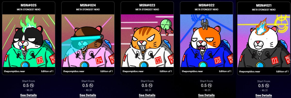 DROP NOW !!! 🔥🔥🔥🔥🔥
META STRONGEST NEKO
NO.21-25 
AVAILABLE ON <a href="/ParasHQ/">Paras</a> 
Starting price : 0.2 N
Check this out ⬇️⬇️⬇️

paras.id/collection/met…

Hope you like them.
May everyone be STRONG 💪
#NFT #NFTS #NEARProtocol #nearNFTs #NFTdrops