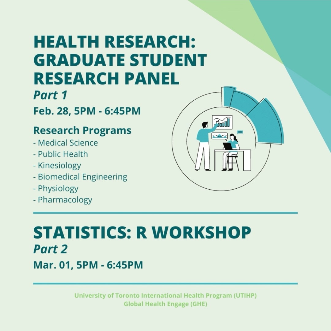 GHEngage's tweet photo. The Graduate Health Research Panel and Workshop in R is a two-part event tailored for undergraduate students at UofT! 

Sign up with our Eventbrite link below, and follow us @/globalhealthengage on Instagram for more updates! https://t.co/ZyiBKB023S