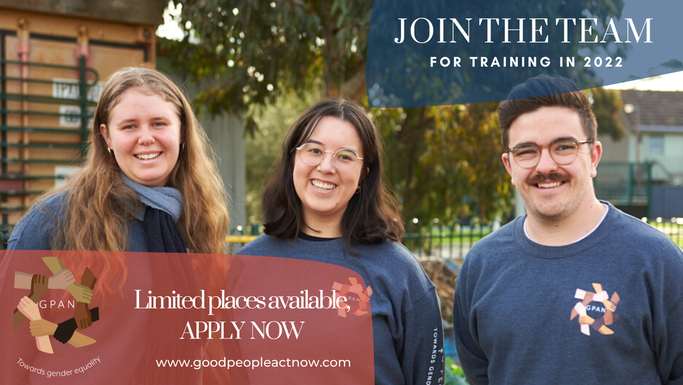 Know a young person wanting to take action on gender equity?

Our award-winning Good People Act Now project begins their free 6-week training promoting gender equality &amp; the prevention of violence against women Feb 23.
For more info or to apply: goodpeopleactnow.org.au/upcoming-events