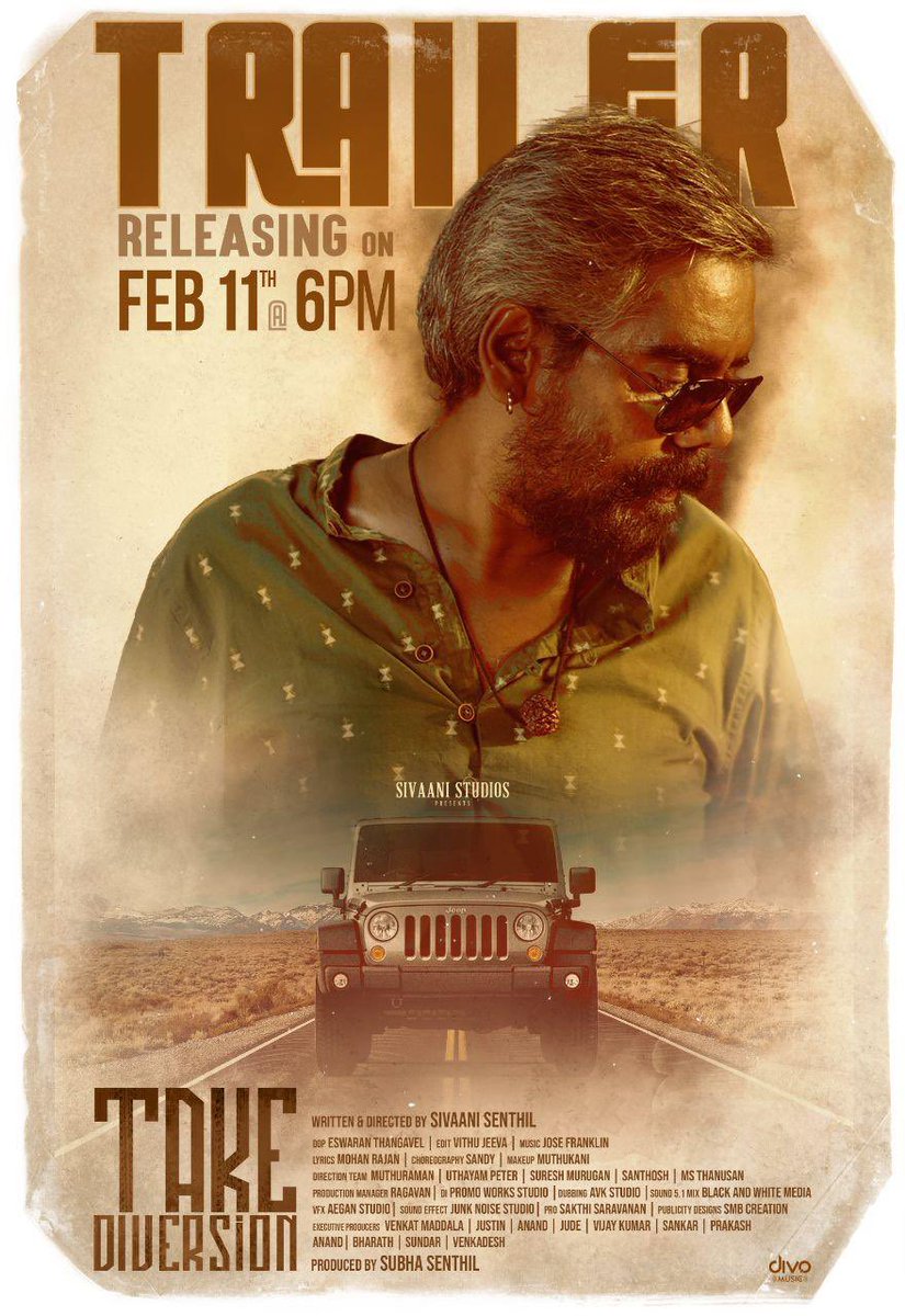 PRO Sakthi Saravanan (@prosakthisaran) on Twitter photo #TakeDiversion Trailer will be releasing on February 11 at 6️⃣ PM. Stay tuned with <a href="/divomusicindia/">Divo Music</a> YT 🎼
@ssenthiliu <a href="/ice4mad/">eswar</a> <a href="/josefranklin_jf/">Jose Franklin</a> <a href="/actorjohnvijay/">John Vijay</a> <a href="/georgevijaymn/">George Vijay Nelson</a> <a href="/iway_siva/">siva.iway</a> @padinekumar26 <a href="/GayatriRema/">Gayatri Rema</a> <a href="/smbcreation/">SMB Creation™ - Design & Editing Studio</a> <a href="/PROSakthiSaran/">PRO Sakthi Saravanan</a> <a href="/UthayamP/">Uthayam Peter</a> <a href="/sureshdonartist/">Sureshdonartist</a> #TakeDiversion Trailer will be releasing on February 11 at 6️⃣ PM. Stay tuned with <a href="/divomusicindia/">Divo Music</a> YT 🎼
@ssenthiliu <a href="/ice4mad/">eswar</a> <a href="/josefranklin_jf/">Jose Franklin</a> <a href="/actorjohnvijay/">John Vijay</a> <a href="/georgevijaymn/">George Vijay Nelson</a> <a href="/iway_siva/">siva.iway</a> @padinekumar26 <a href="/GayatriRema/">Gayatri Rema</a> <a href="/smbcreation/">SMB Creation™ - Design & Editing Studio</a> <a href="/PROSakthiSaran/">PRO Sakthi Saravanan</a> <a href="/UthayamP/">Uthayam Peter</a> <a href="/sureshdonartist/">Sureshdonartist</a>