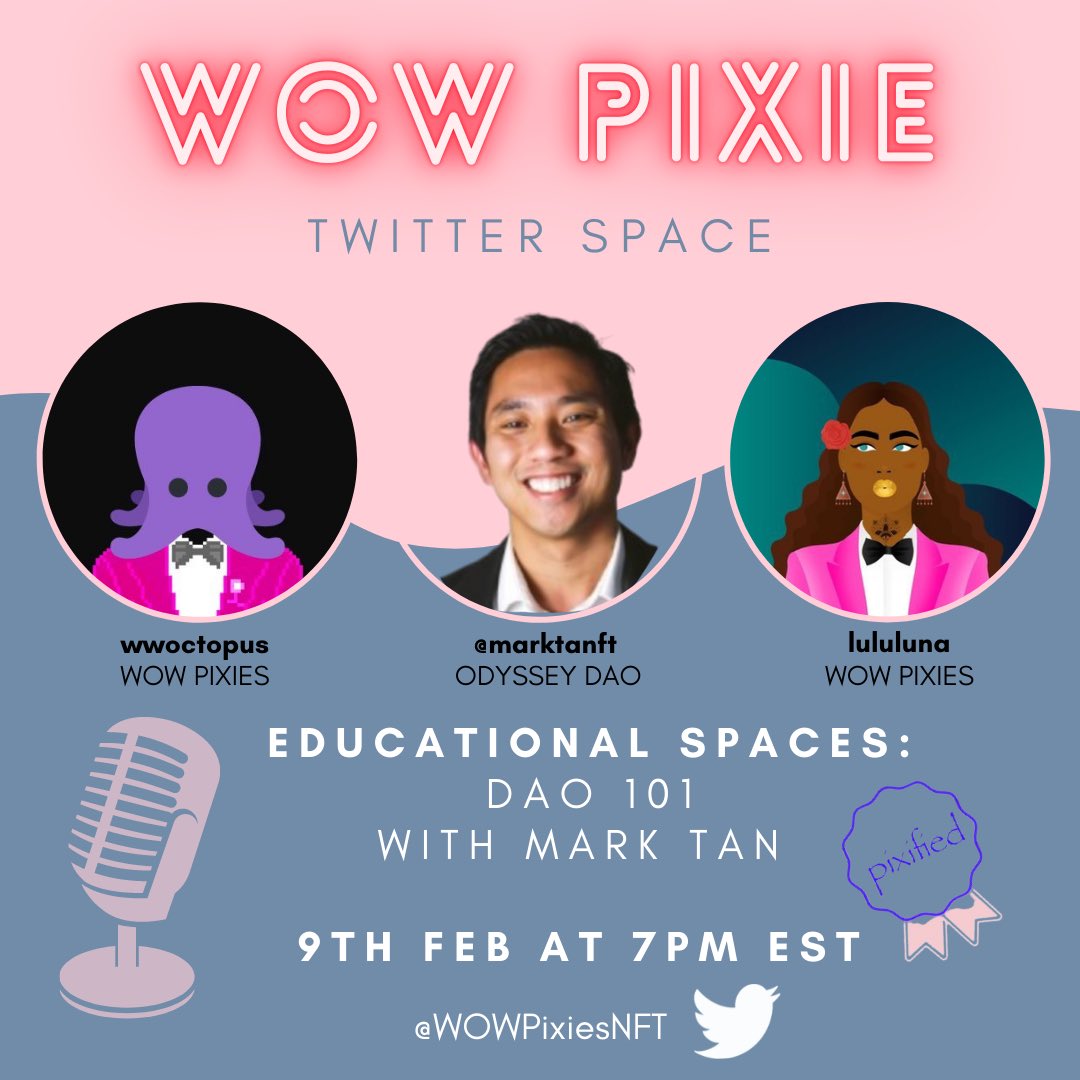 Excited to be co-hosting &amp; chatting with these impeccable humans about all things DAO!!!! Join us if you’re free- you’re going to learn something! 
My intention is to have Mark explain things to us in an easy to understand way! With <a href="/marktanft/">mark</a>  &amp; <a href="/wwoctopus/">Diana-Luk Ye</a>