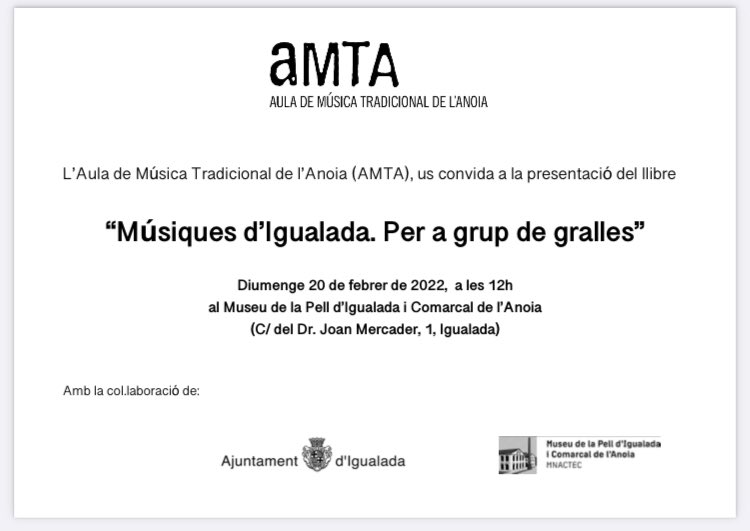 Estem molt contents de presentar-vos el llibre:

“𝗠ú𝘀𝗶𝗾𝘂𝗲𝘀 𝗱’𝗜𝗴𝘂𝗮𝗹𝗮𝗱𝗮. 𝗣𝗲𝗿 𝗮 𝗴𝗿𝘂𝗽 𝗱𝗲 𝗴𝗿𝗮𝗹𝗹𝗲𝘀”

Amb aquest llibre, editat per l’AMTA, es publiquen per primera vegada algunes melodies de la cultura popular d’Igualada!

Us esperem a la presentació!