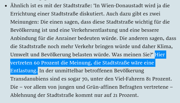 _l17r_'s tweet photo. »Hier vertreten 60 Prozent die Meinung, die Stadtstraße wäre eine Entlastung.«

Ja, eh, kann man machen – ich kann auch die Leute fragen, ob sie glauben, dass 100017 eine Primzahl ist oder nicht. https://t.co/7DMpOvgSZF