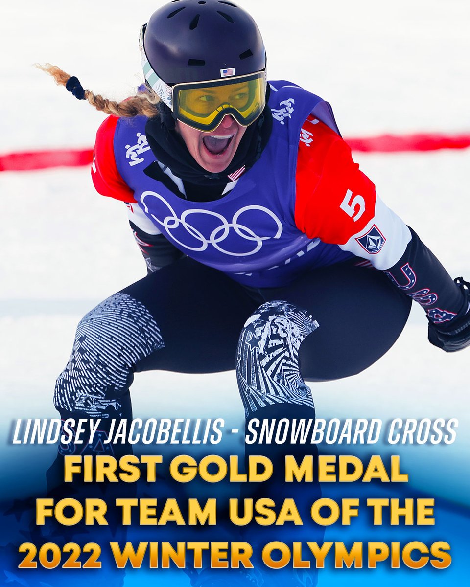 NBCOlympics's tweet image. THE FIRST GOLD MEDAL FOR @TeamUSA IN 2022! 🥇 

In her fifth Olympic Games, 36-year-old @LindsJacobellis wins in women's snowboard cross! 🇺🇸 

#WinterOlympics | #WatchWithUS