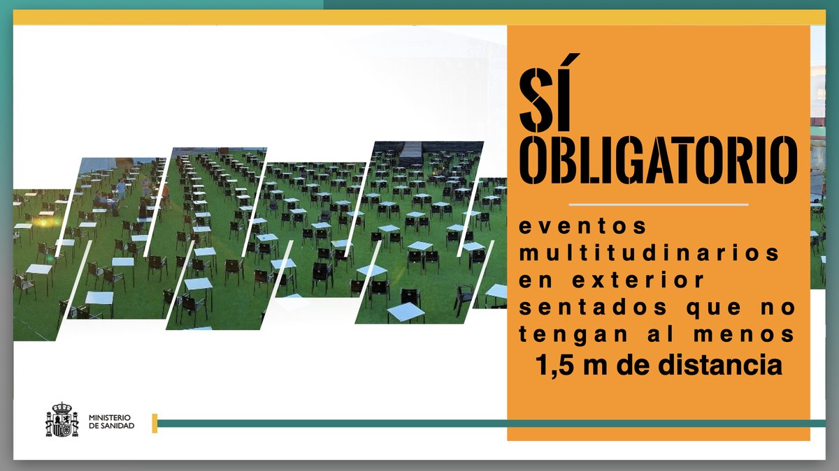 sanidadgob's tweet photo. 🔴 Como excepción, continuará siendo obligatoria:

✔️ En eventos multitudinarios en exteriores, donde los asistentes se encuentren de pie 

✔️En eventos multitudinarios en exteriores, donde los asistentes estén sentados y no haya, al menos, 1,5m de distancia entre no convivientes https://t.co/1zIR6Rww2U