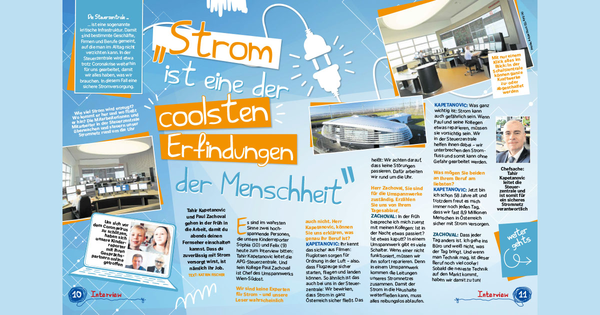 Aus der Kleine Kinderzeitung <a href="/kleinezeitung/">Kleine Zeitung</a>: Im #Interview "Strom ist eine der coolsten Erfindungen" erzählen die Stromexperten Tahir Kapetanovic und Paul Zachoval was ihr Job in der APG ist. Den gesamten Beitrag finden Sie hier -> bit.ly/34D2BLk