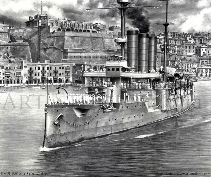 The background drawing of "The Mediterranean Expedition - Armored Cruiser Izumo 2577" is 80% complete.Finally, I moved on to the details of the ship and the crew. The crew and hand rails in the bow section of the ship, and the aerials and cables still remain to be done. 