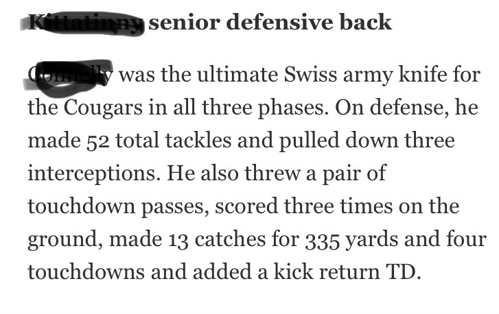 BadAliceTweets's tweet photo. Sports writer describing my son when announcing his #FirstTeamDefense honors #FootballMom https://t.co/JafX0opLXn