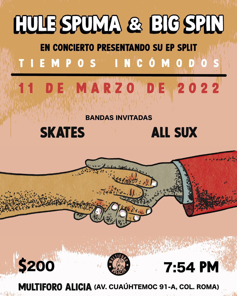#Concierto | <a href="/hulespuma/">hulespuma</a> + <a href="/bigspinpunk/">Big Spin</a> + <a href="/SkatesMx/">SkatesMx</a> + #AllSux 
📍<a href="/multiforoalicio/">Multiforo Alici@</a> 
🗓 11 marzo